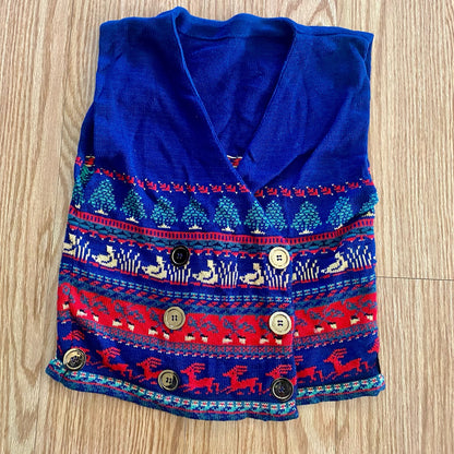 Vintage Blue Knit Cotton Christmas Holiday Sweater Vest Reindeer Womens Medium