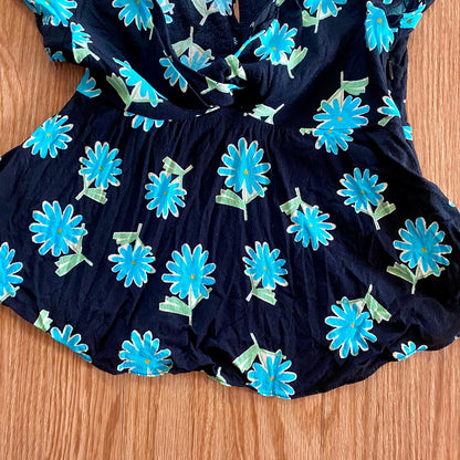Zara Black Floral Daisy Peplum Blouse Top Womens Small