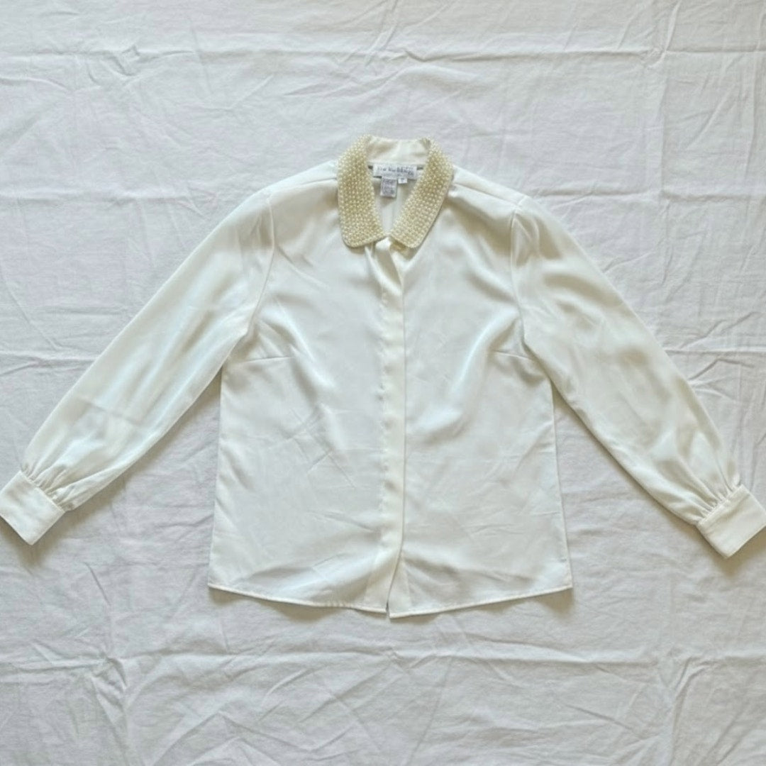 La Chine Petites Vintage Ivory Sheer Sequin Collar Blouse Womens 6 Petites