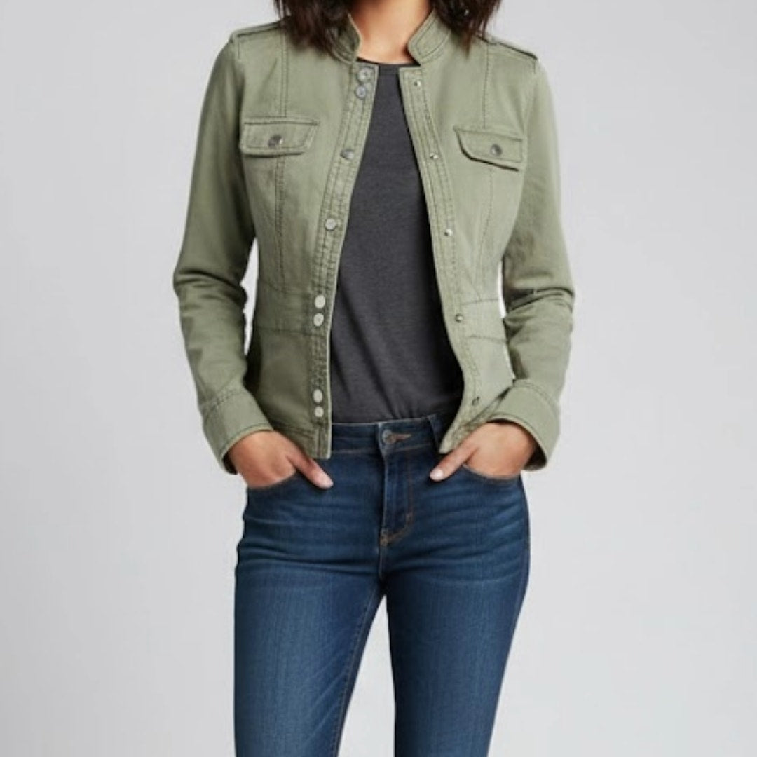 White House Black Market Olive Green Cotton Military Jacket Womens 0