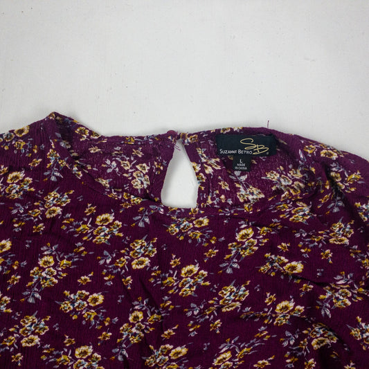 Suzanne Betro Purple Floral Boho Peasant Blouse Womens Large