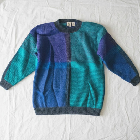 Kristin Paige Vintage Colorblock Blue Knit Chunky Wool Sweater Womens Large