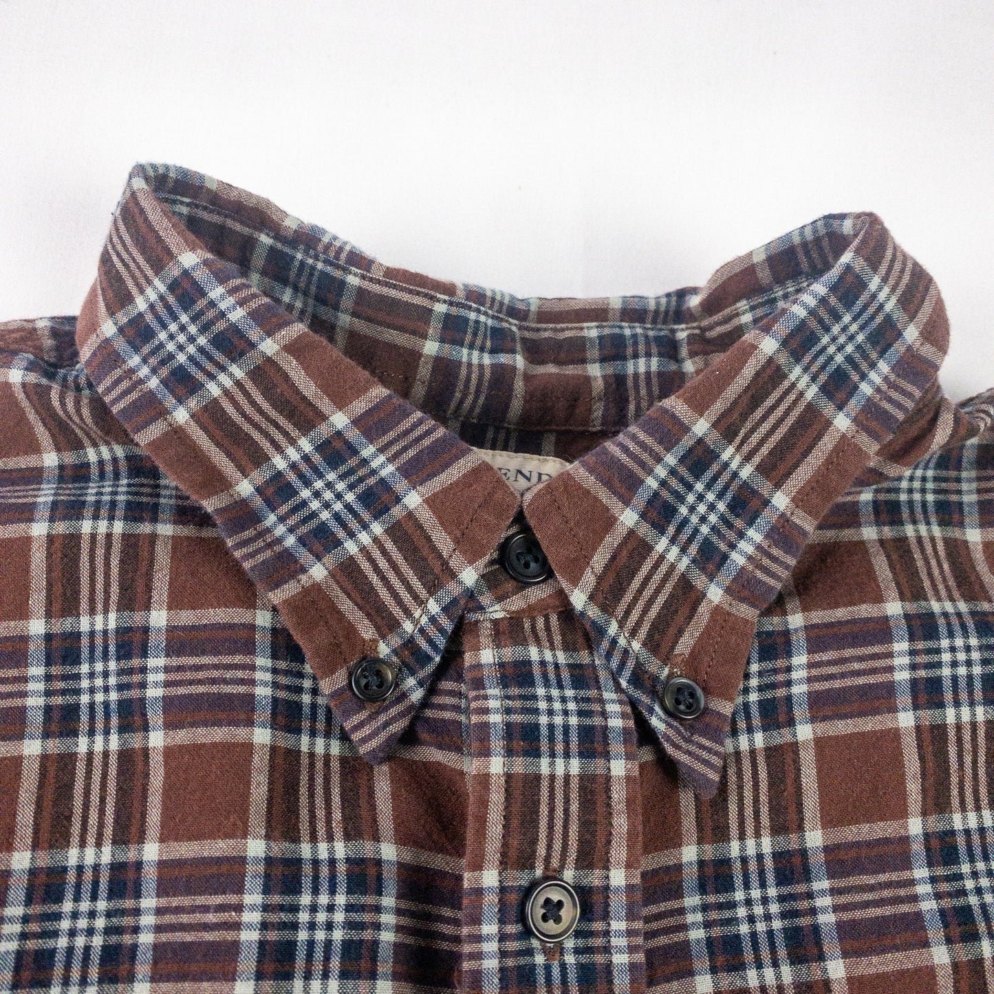 Lands End The Madras Shirt Brown Blue Striped Plaid Mens Large
