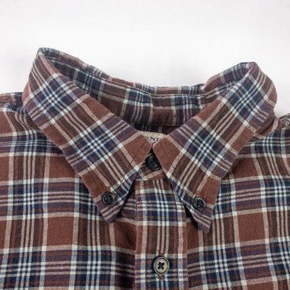 Lands End The Madras Shirt Brown Blue Striped Plaid Mens Large