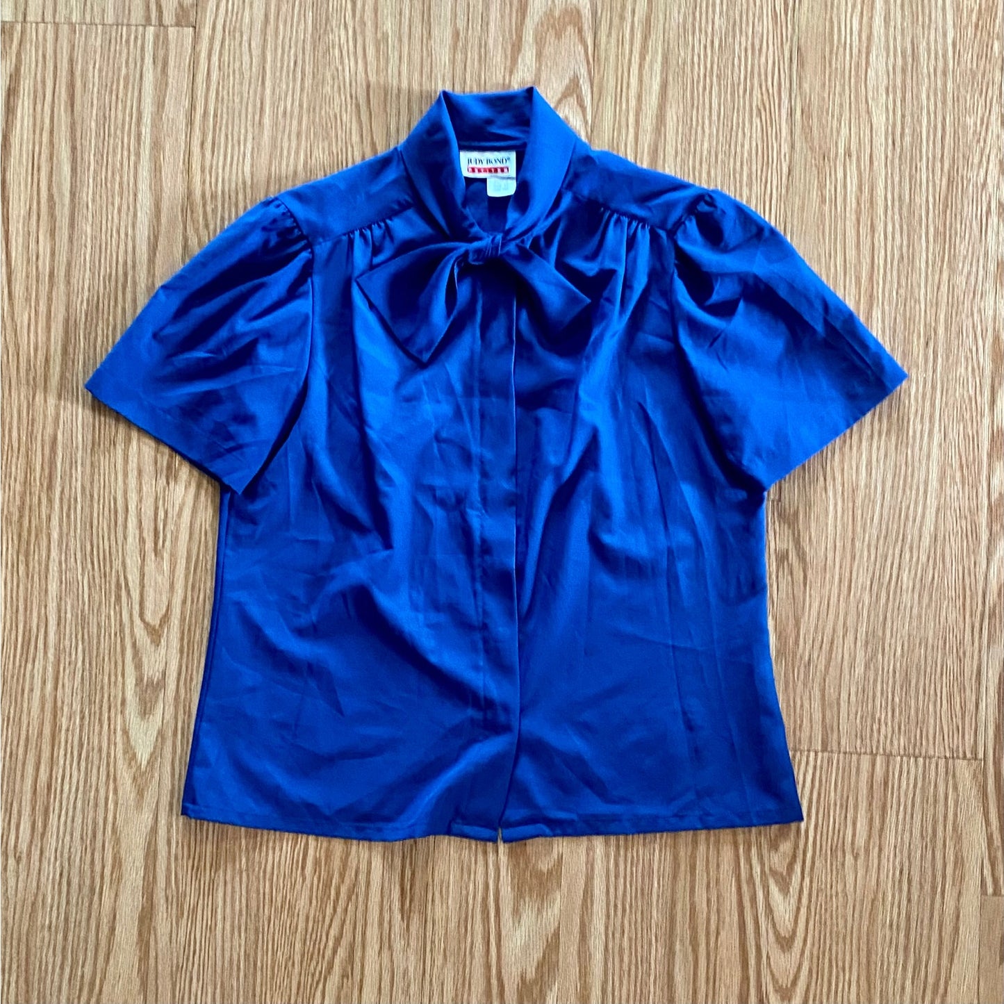 Judy Bond Vintage Blue Button-up Bow Blouse Womens 12 Petite