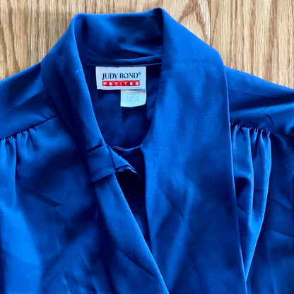 Judy Bond Vintage Blue Button-up Bow Blouse Womens 12 Petite