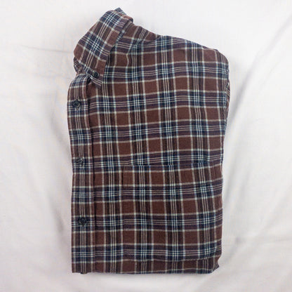 Lands End The Madras Shirt Brown Blue Striped Plaid Mens Large