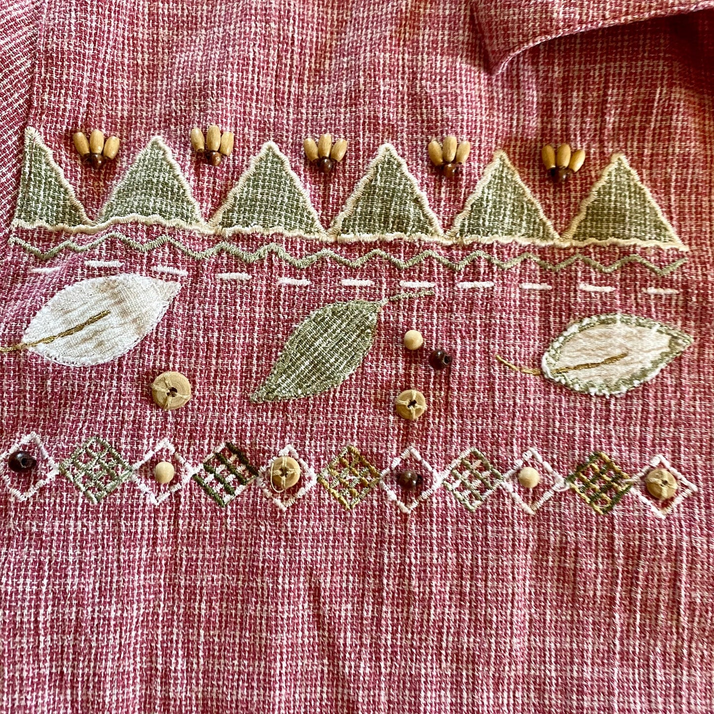 Koret Vintage Red Gingham Beaded Embroidered Button-up Shirt Womens Large