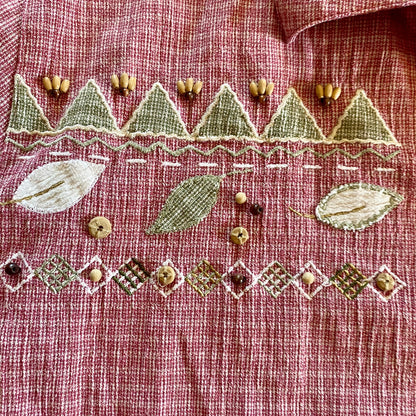 Koret Vintage Red Gingham Beaded Embroidered Button-up Shirt Womens Large