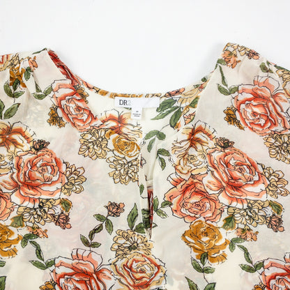 DR2 Floral Rose Beige Pink Sheer Blouse Top Womens Medium