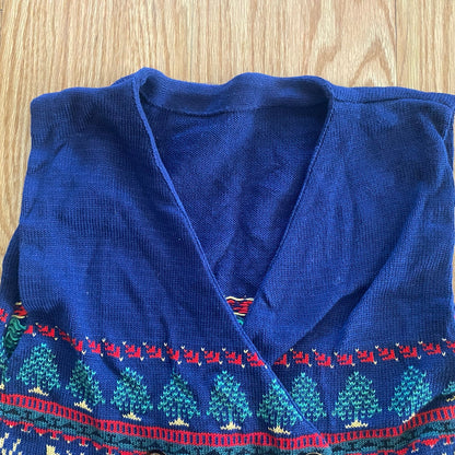 Vintage Blue Knit Cotton Christmas Holiday Sweater Vest Reindeer Womens Medium