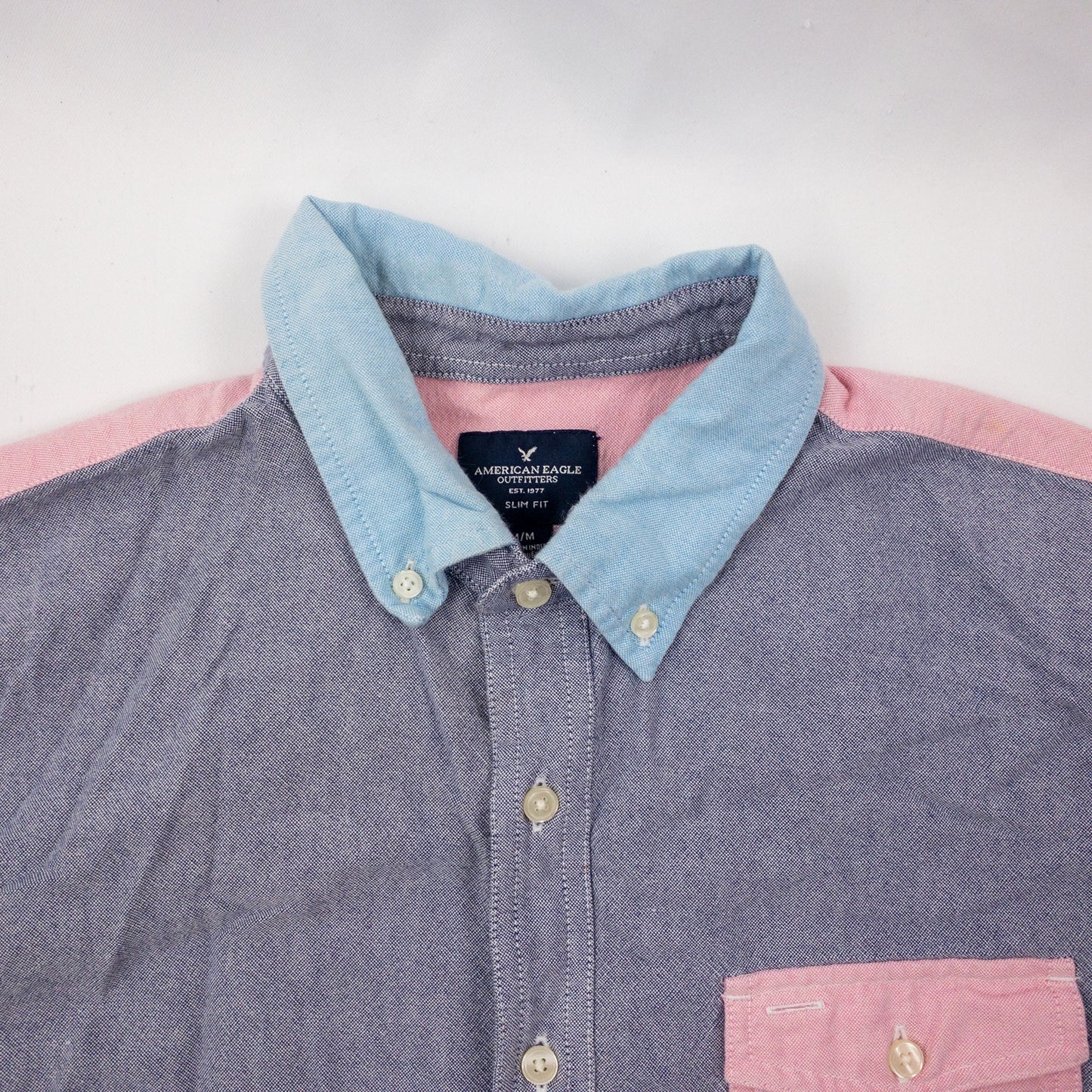 American Eagle Slim Fit Colorblock Pink Blue Button Shirt Mens Medium