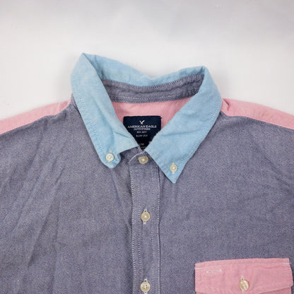 American Eagle Slim Fit Colorblock Pink Blue Button Shirt Mens Medium