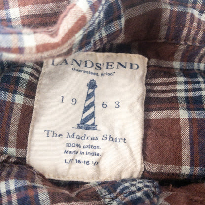 Lands End The Madras Shirt Brown Blue Striped Plaid Mens Large
