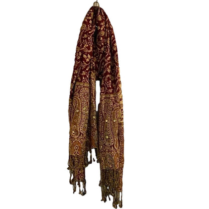 Red Gold Floral Indian Pashmina Shawl Wrap Scarf Fringe Tassel Womens One Size