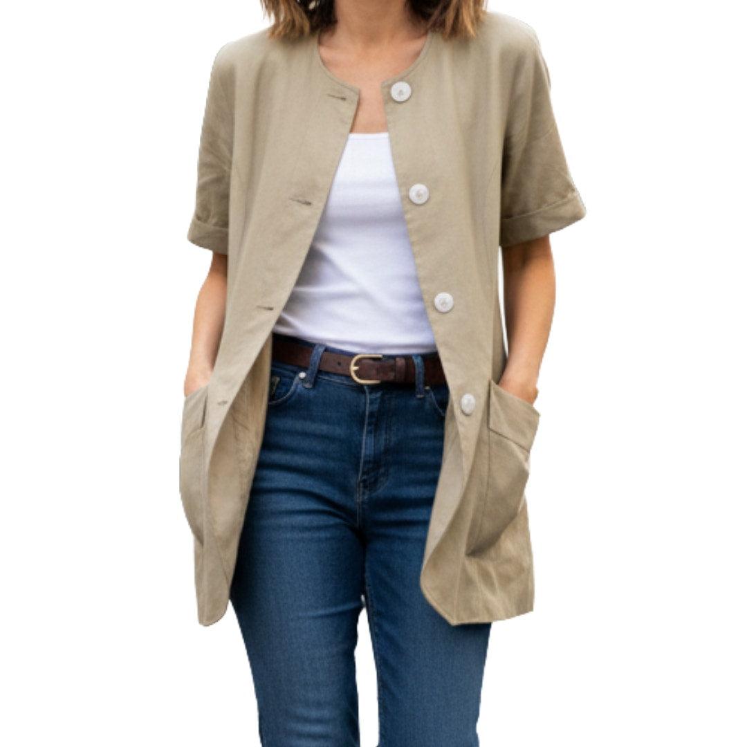 Vintage Tan Silk Structured Short Sleeve Blazer Jacket Womens Small