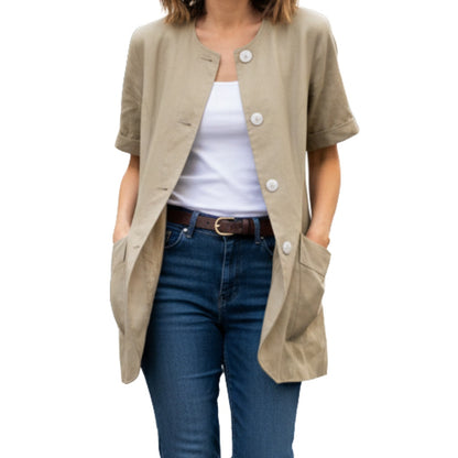 Vintage Tan Silk Structured Short Sleeve Blazer Jacket Womens Small