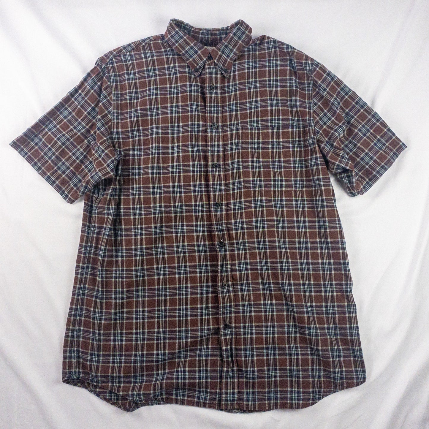 Lands End The Madras Shirt Brown Blue Striped Plaid Mens Large