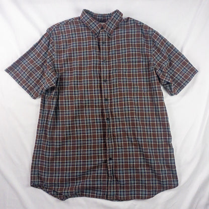 Lands End The Madras Shirt Brown Blue Striped Plaid Mens Large