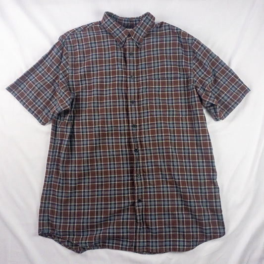 Lands End The Madras Shirt Brown Blue Striped Plaid Mens Large