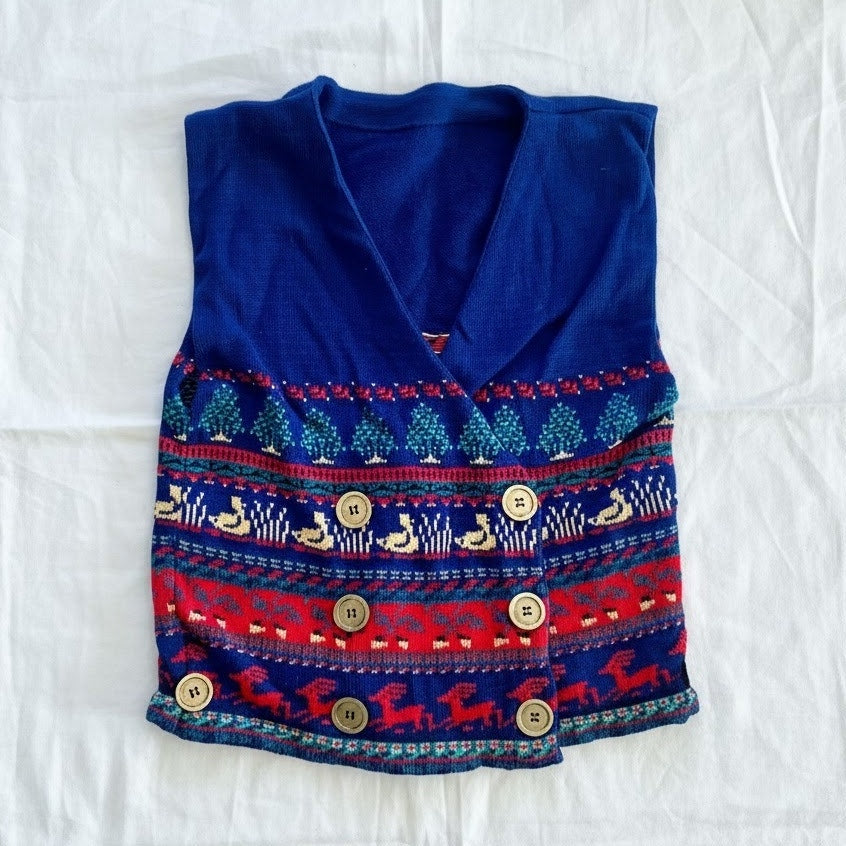 Vintage Blue Knit Cotton Christmas Holiday Sweater Vest Reindeer Womens Medium