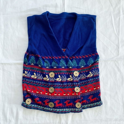 Vintage Blue Knit Cotton Christmas Holiday Sweater Vest Reindeer Womens Medium