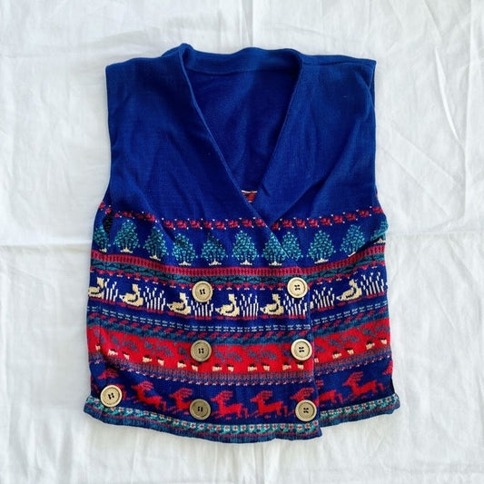 Vintage Blue Knit Cotton Christmas Holiday Sweater Vest Reindeer Womens Medium