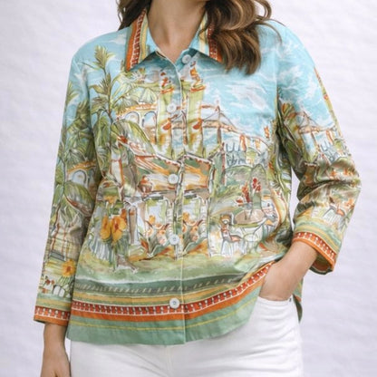 Coldwater Creek Villa Cityscape Blue Retro Linen Jacket Shacket Womens Small