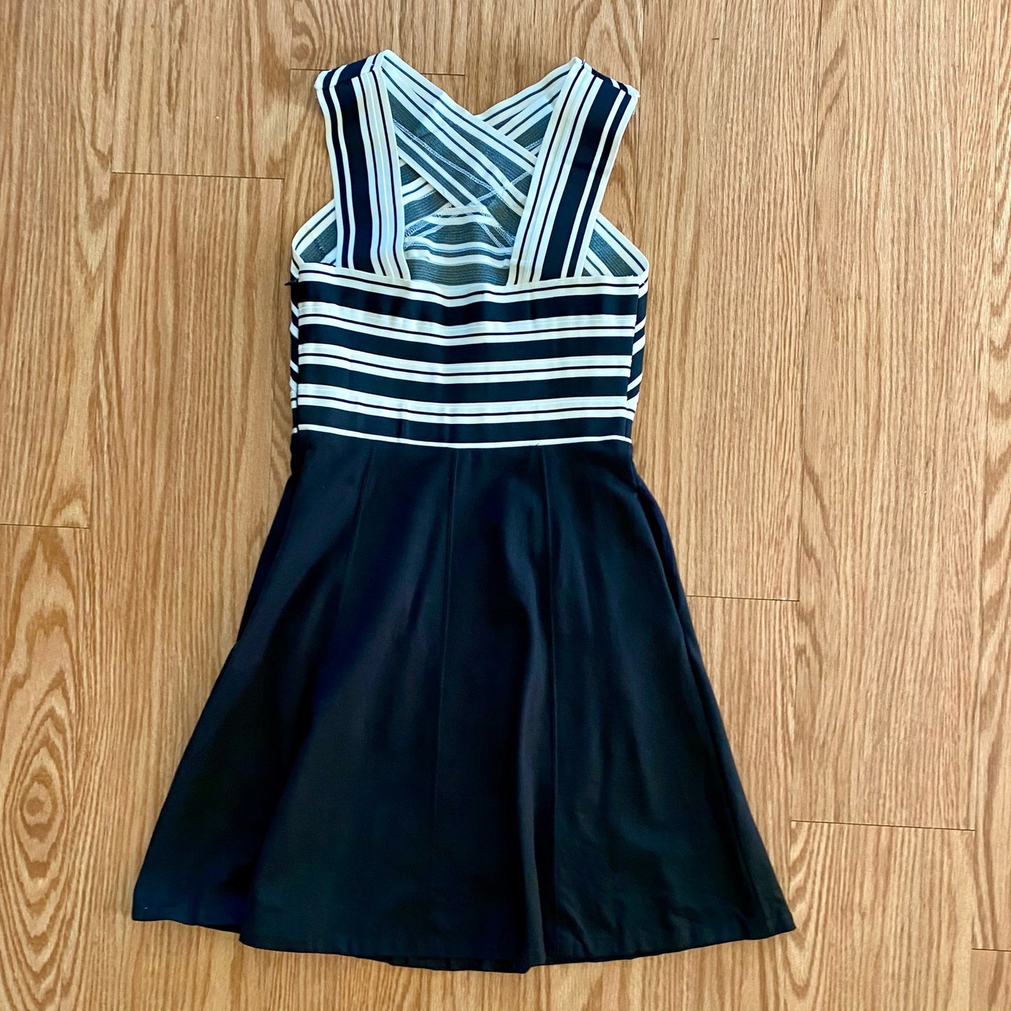Anthropologie Maeve Black White Crosswise Stripe Fit & Flare Mini Dress Womens 6