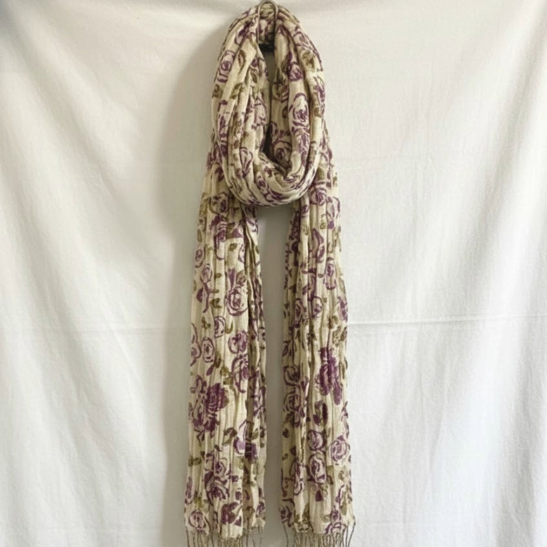 Gold Purple Floral Metallic Tassel Scarf Womens One Size