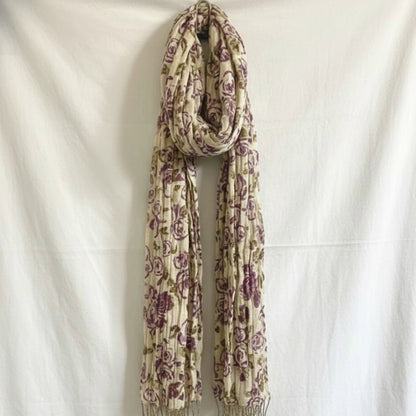 Gold Purple Floral Metallic Tassel Scarf Womens One Size