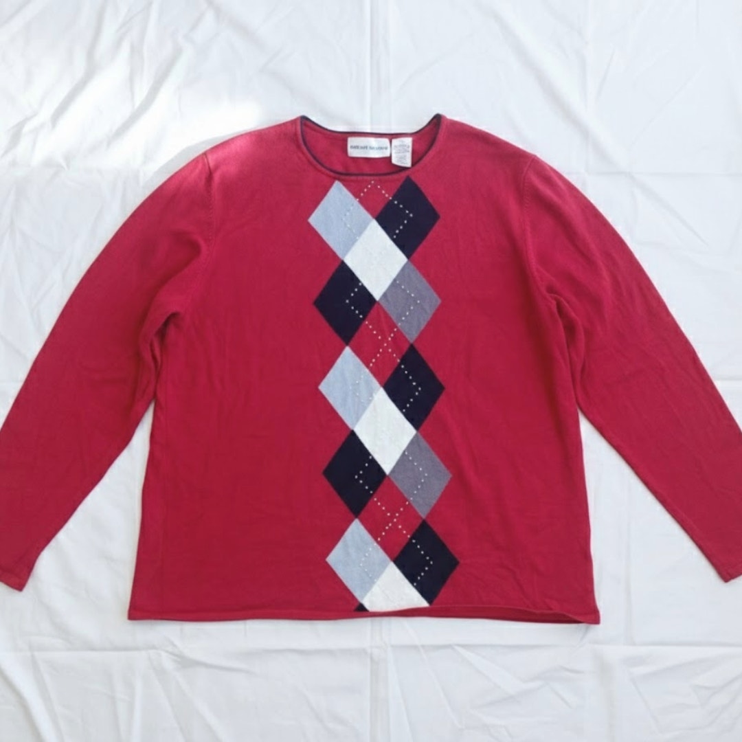 Alfred Dunner Red Diamond Beaded Blouse Shirt Top Womens Large