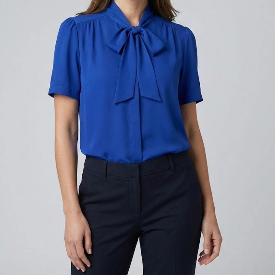 Judy Bond Vintage Blue Button-up Bow Blouse Womens 12 Petite