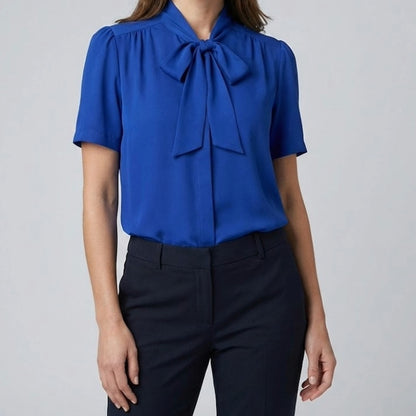 Judy Bond Vintage Blue Button-up Bow Blouse Womens 12 Petite