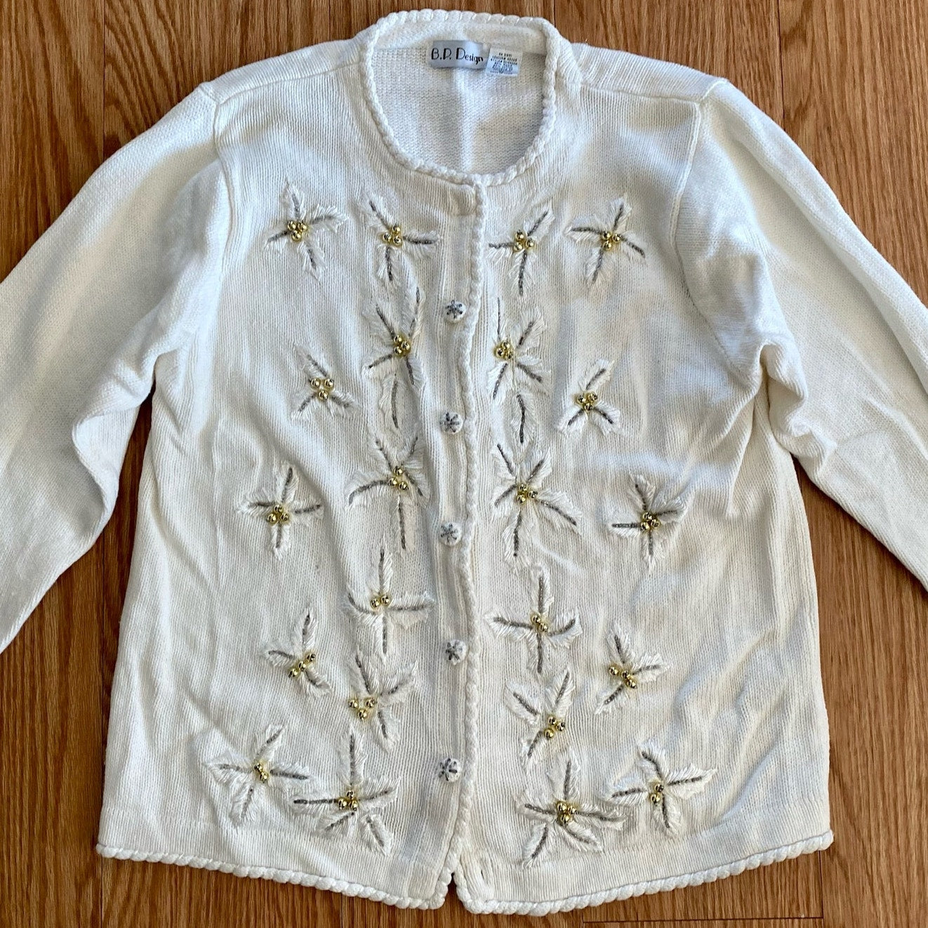 BP Design Vintage Ramie Knit Holly Berry White Sweater Cardigan Womens XLarge