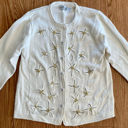 BP Design Vintage Ramie Knit Holly Berry White Sweater Cardigan Womens XLarge