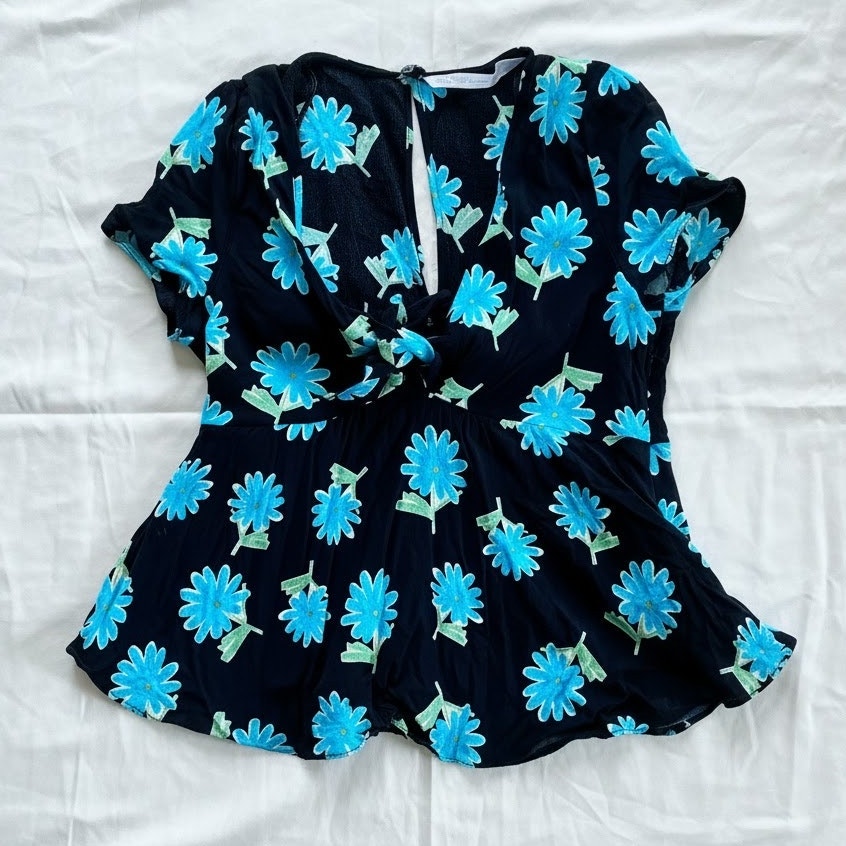 Zara Black Floral Daisy Peplum Blouse Top Womens Small