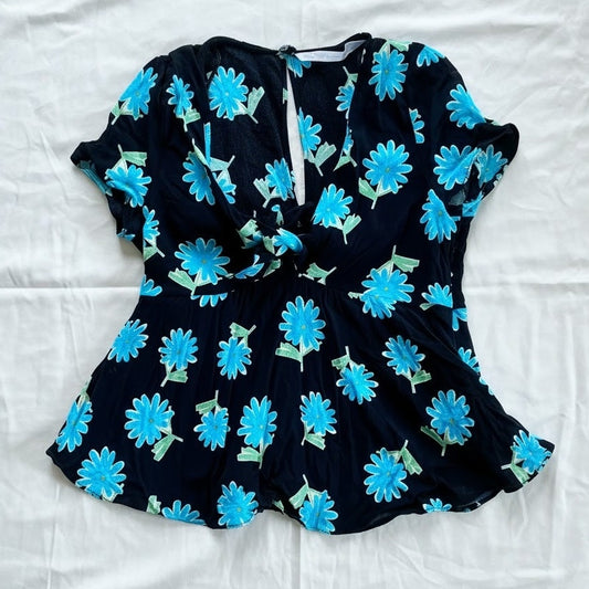 Zara Black Floral Daisy Peplum Blouse Top Womens Small