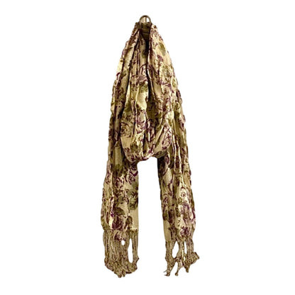Gold Purple Floral Metallic Tassel Scarf Womens One Size