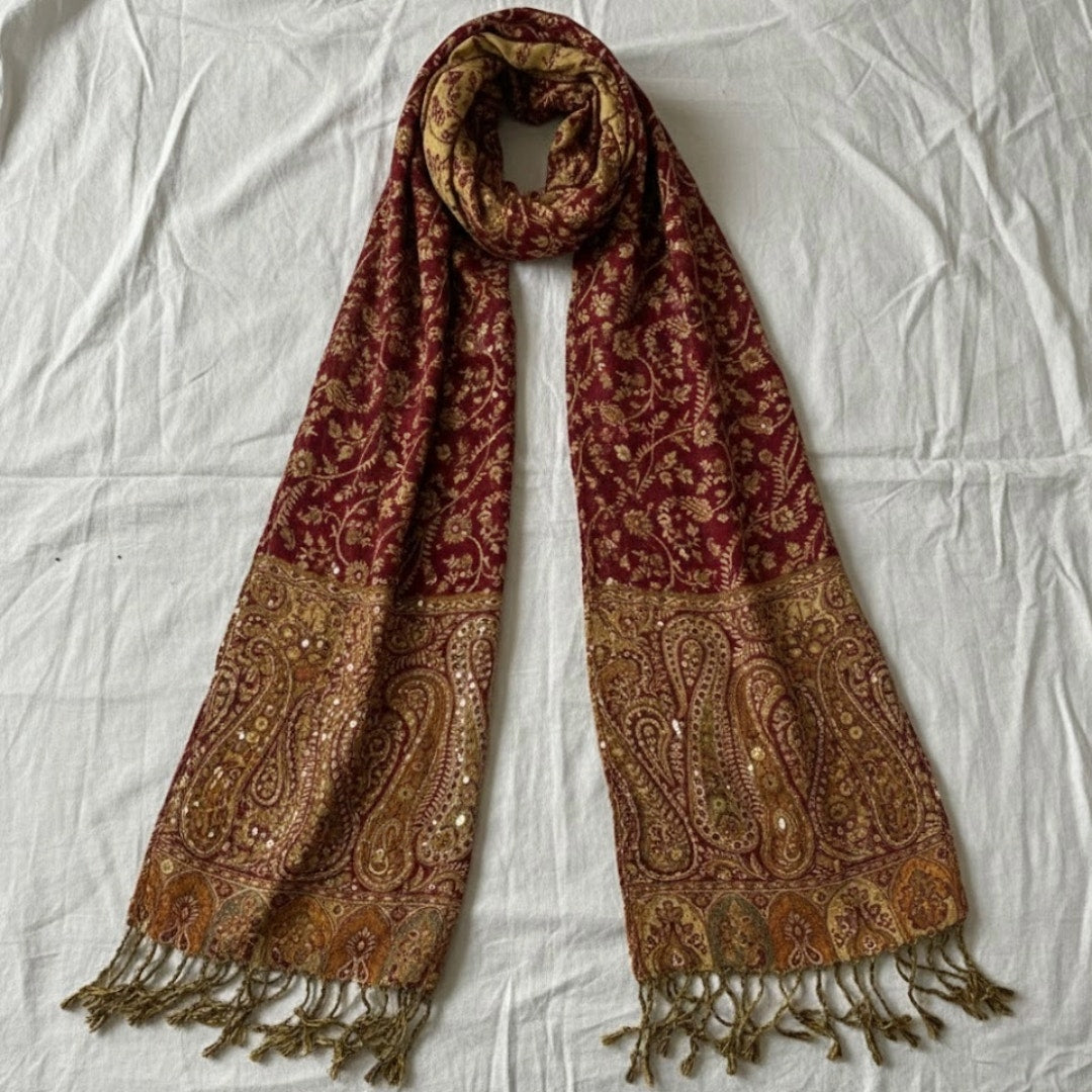 Red Gold Floral Indian Pashmina Shawl Wrap Scarf Fringe Tassel Womens One Size