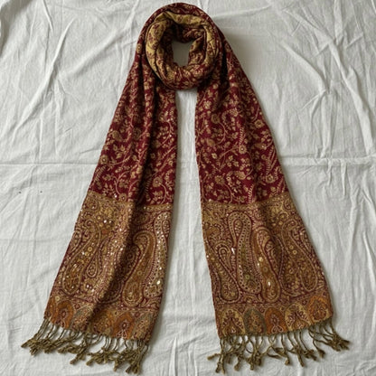 Red Gold Floral Indian Pashmina Shawl Wrap Scarf Fringe Tassel Womens One Size