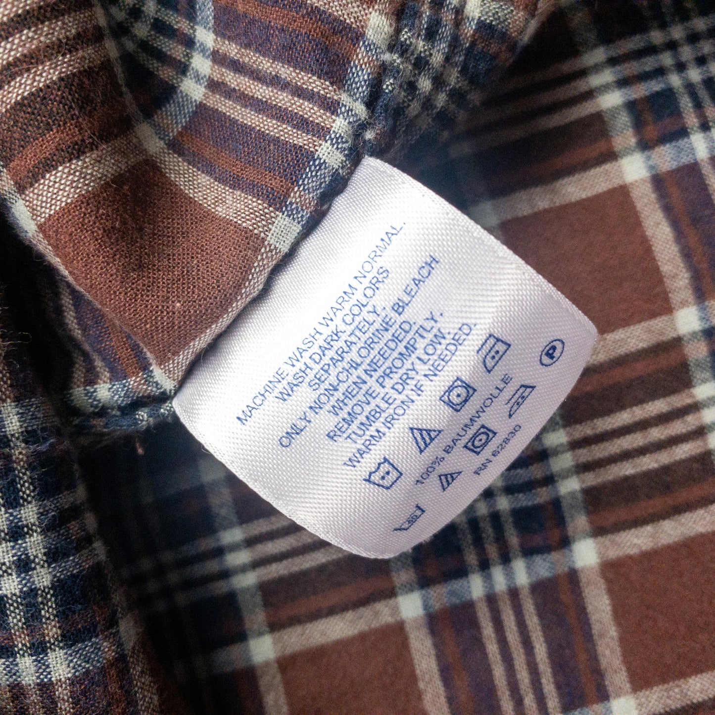 Lands End The Madras Shirt Brown Blue Striped Plaid Mens Large
