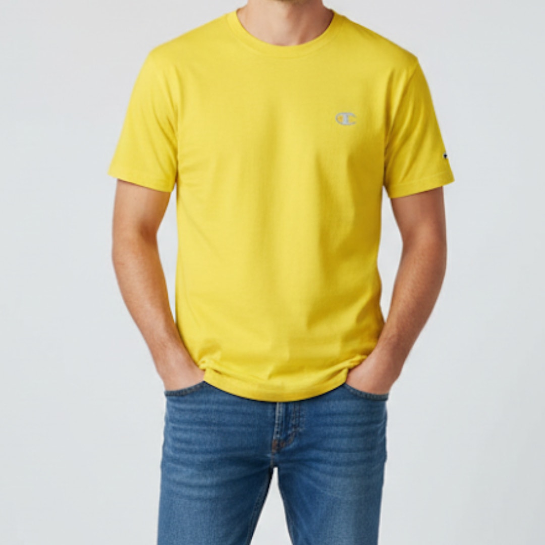 Champion Vintage Bright Yellow Logo Tee Shirt Top Mens Small / Medium