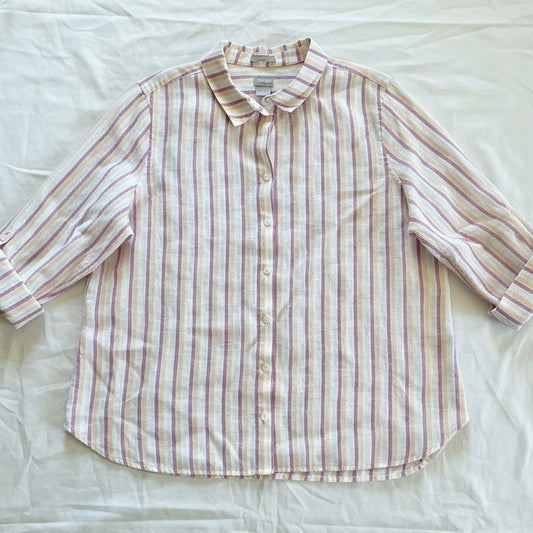 Chicos Striped Pink Orange Linen Button-up Shirt Top Womens XLarge 16/18