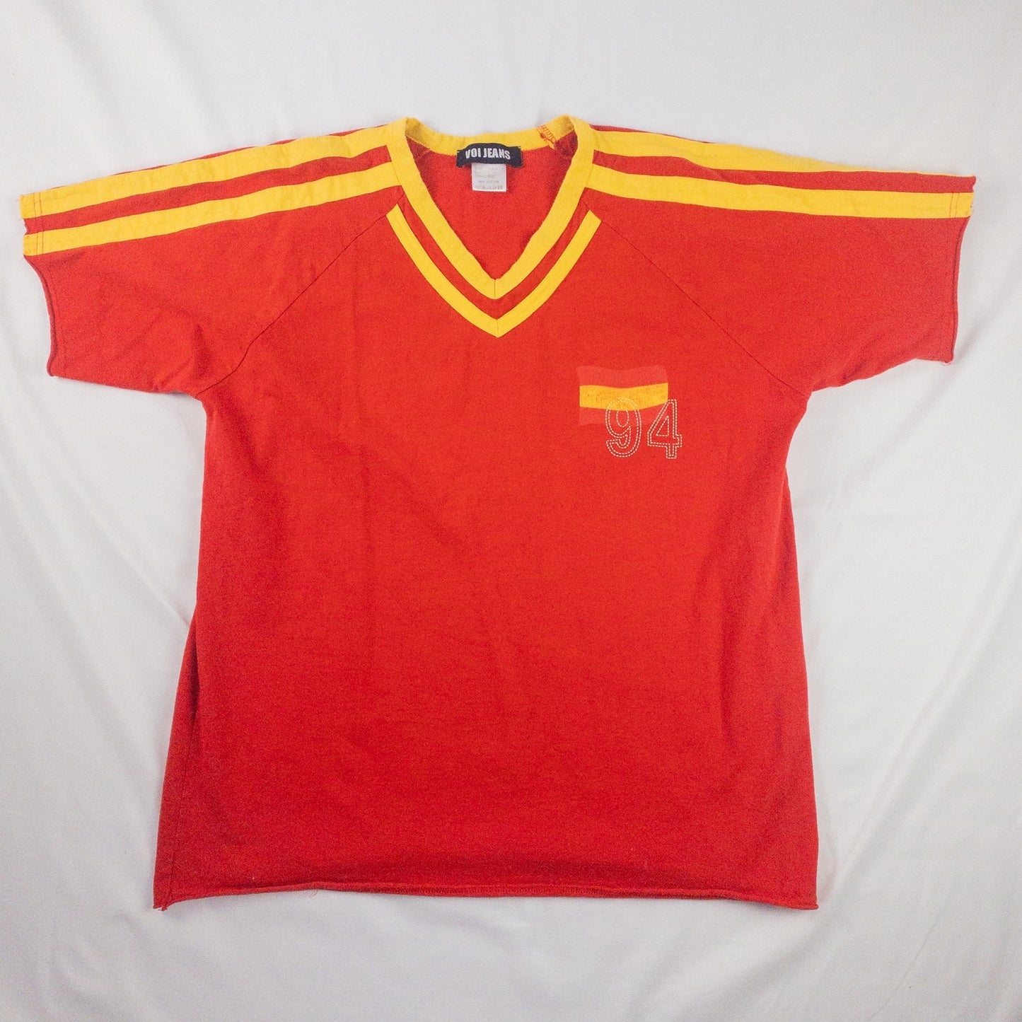 Voi Jeans Red Yellow Raw Hem Soccer Football Tee Shirt Mens Large