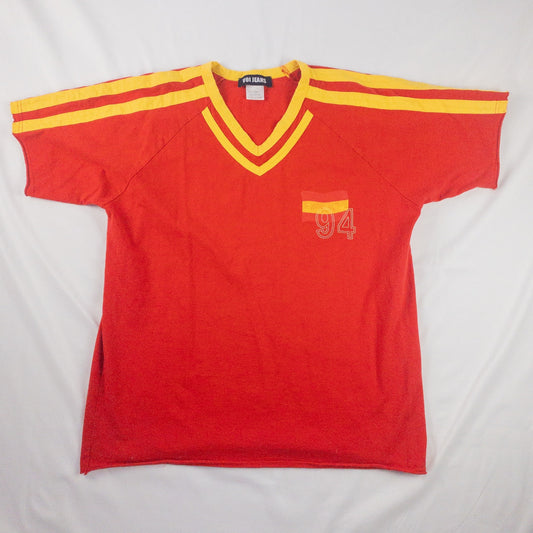 Voi Jeans Red Yellow Raw Hem Soccer Football Tee Shirt Mens Large