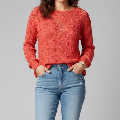 Chicos Bright Red Crochet Open Knit Sweater Top Womens 1 Medium