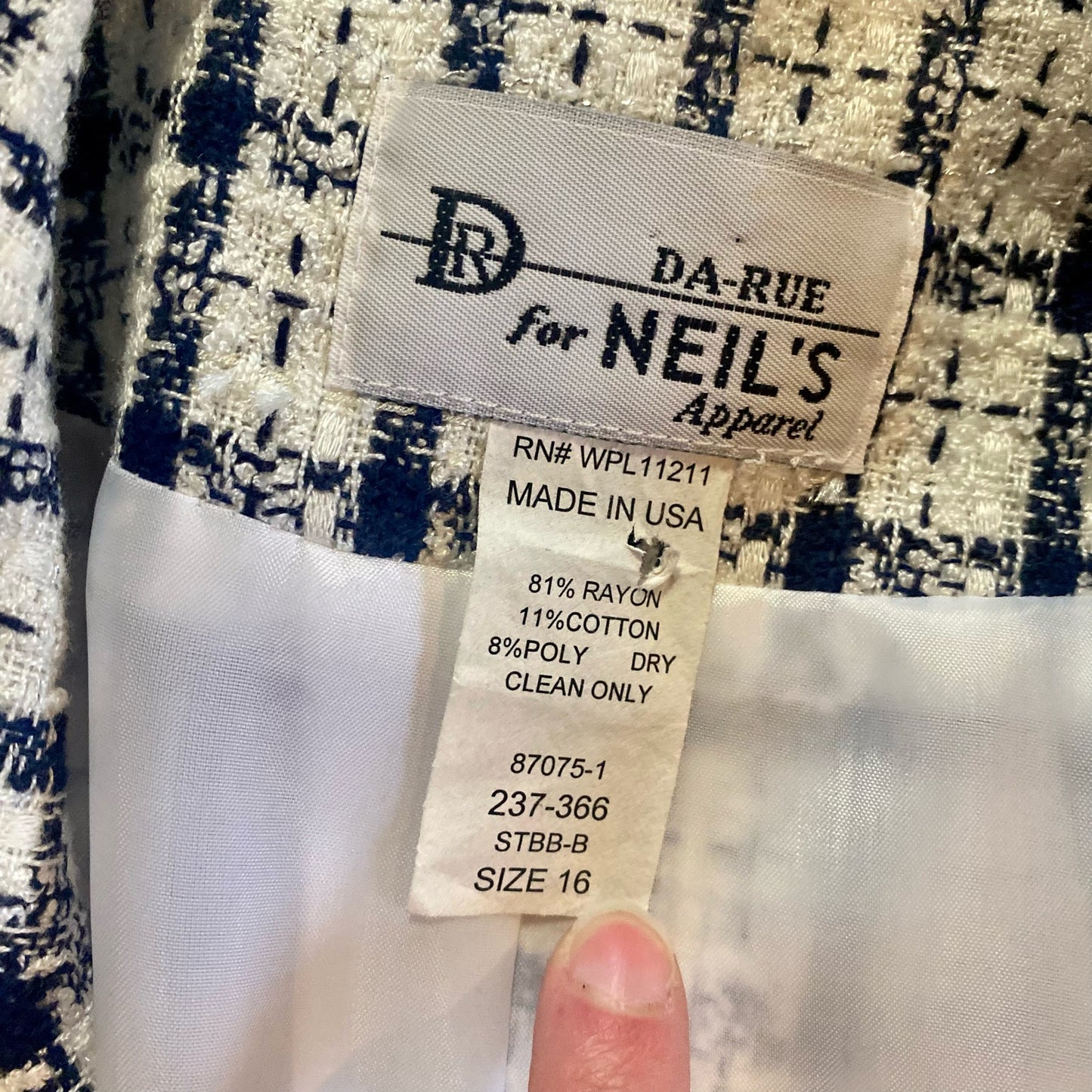Da-Rue Vintage White Metallic Navy Plaid Blazer Womens Large