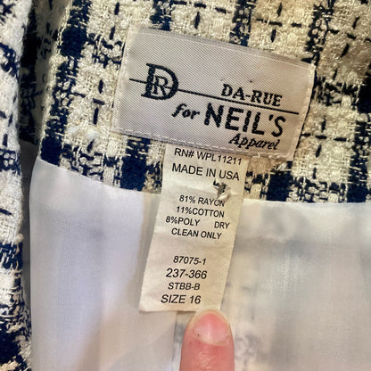Da-Rue Vintage White Metallic Navy Plaid Blazer Womens Large