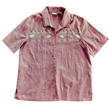 Koret Vintage Red Gingham Beaded Embroidered Button-up Shirt Womens Large